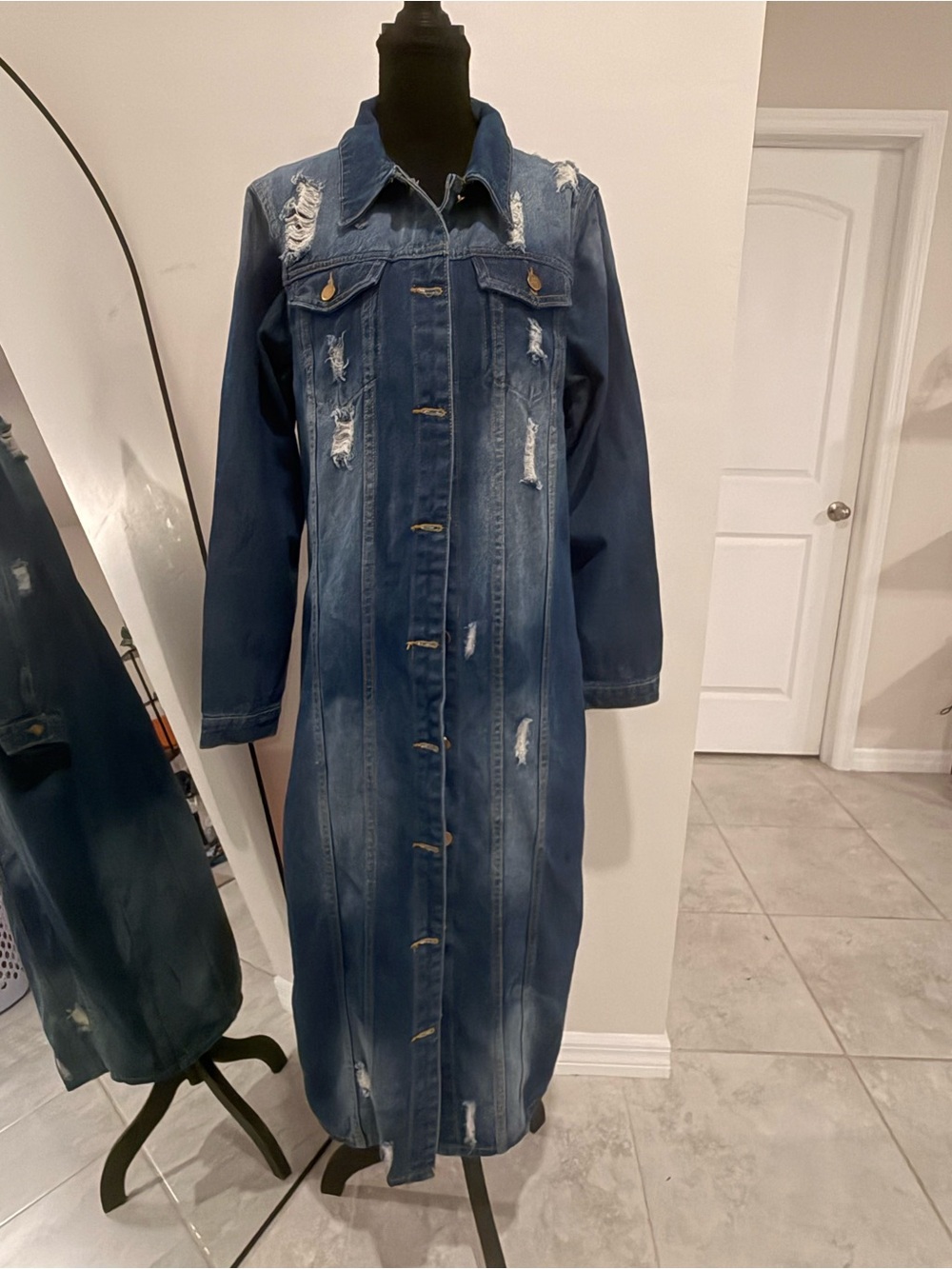Long Distressed Denim Jacket